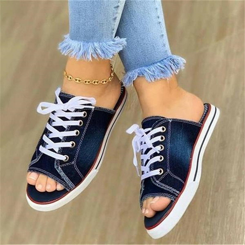 Canvas Lace Up Open Toe Slippers