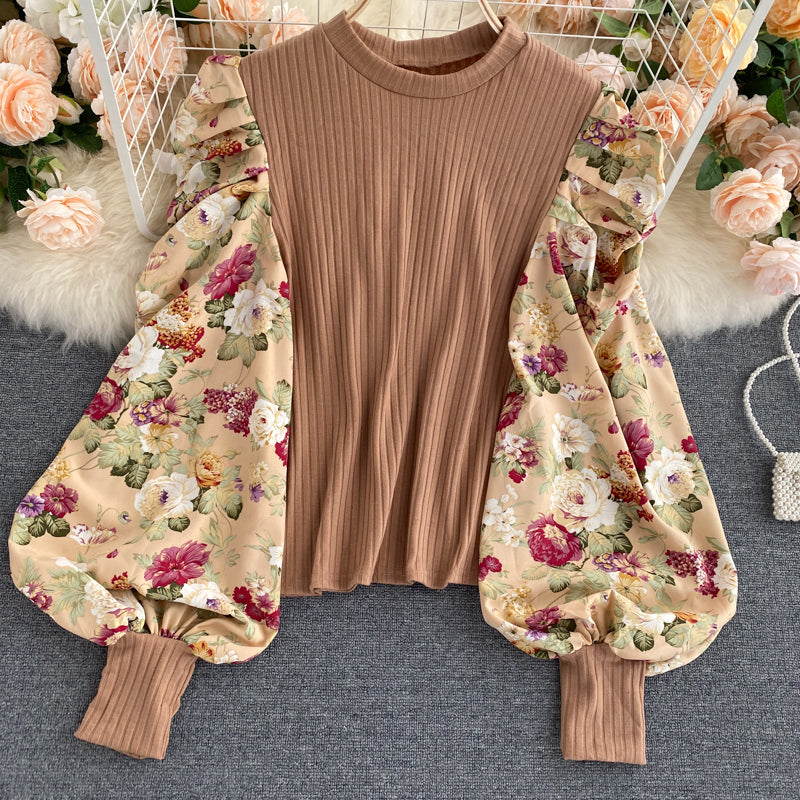 Puff Sleeve Stitching Patchwork O-Neck Slim Fit Blouse