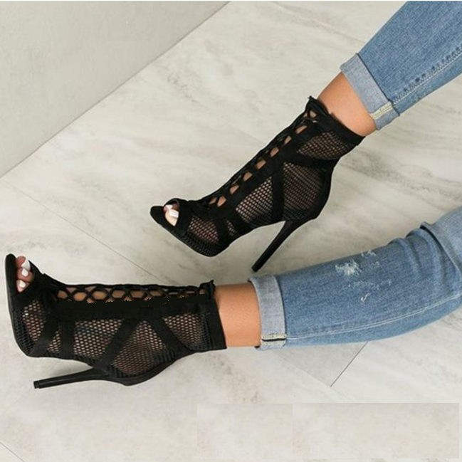 Mesh Lace-Up Cross-tied Boots Pumps