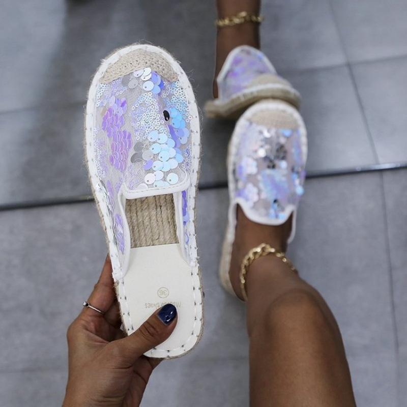 Hemp Soled Sequined Cloth Bling Flat Slippers