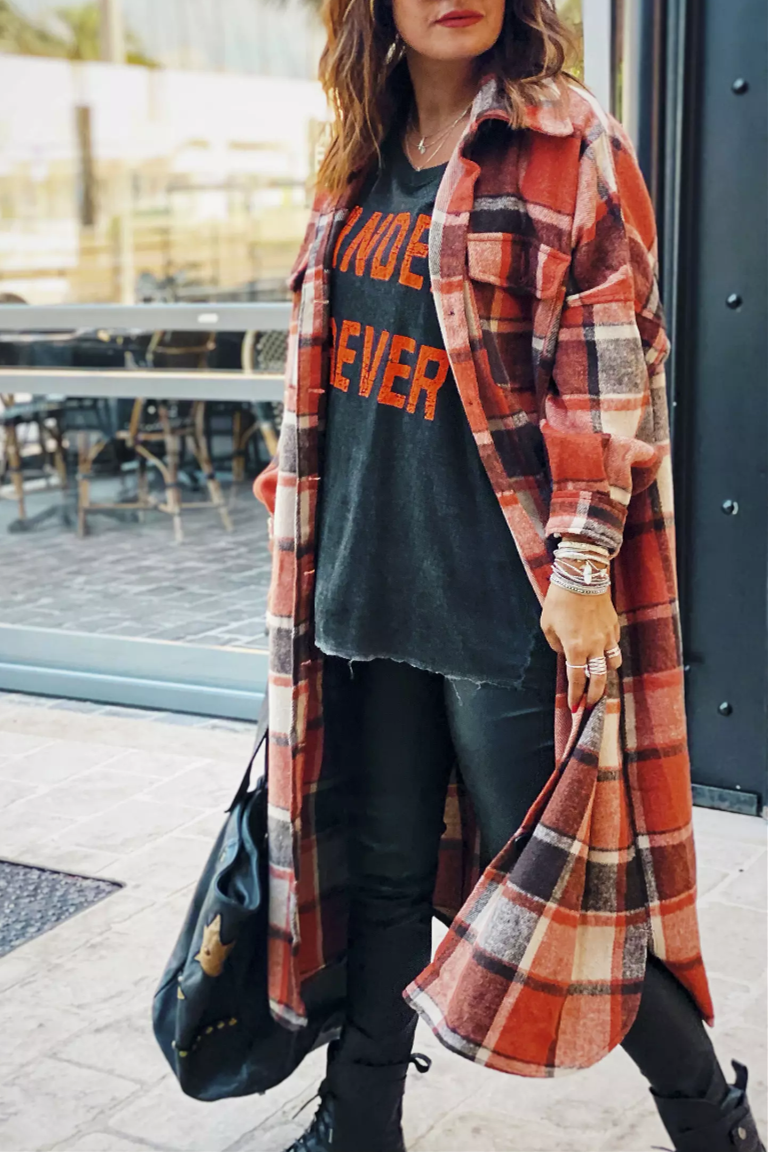 Long Flannel Plaid Trench Coat