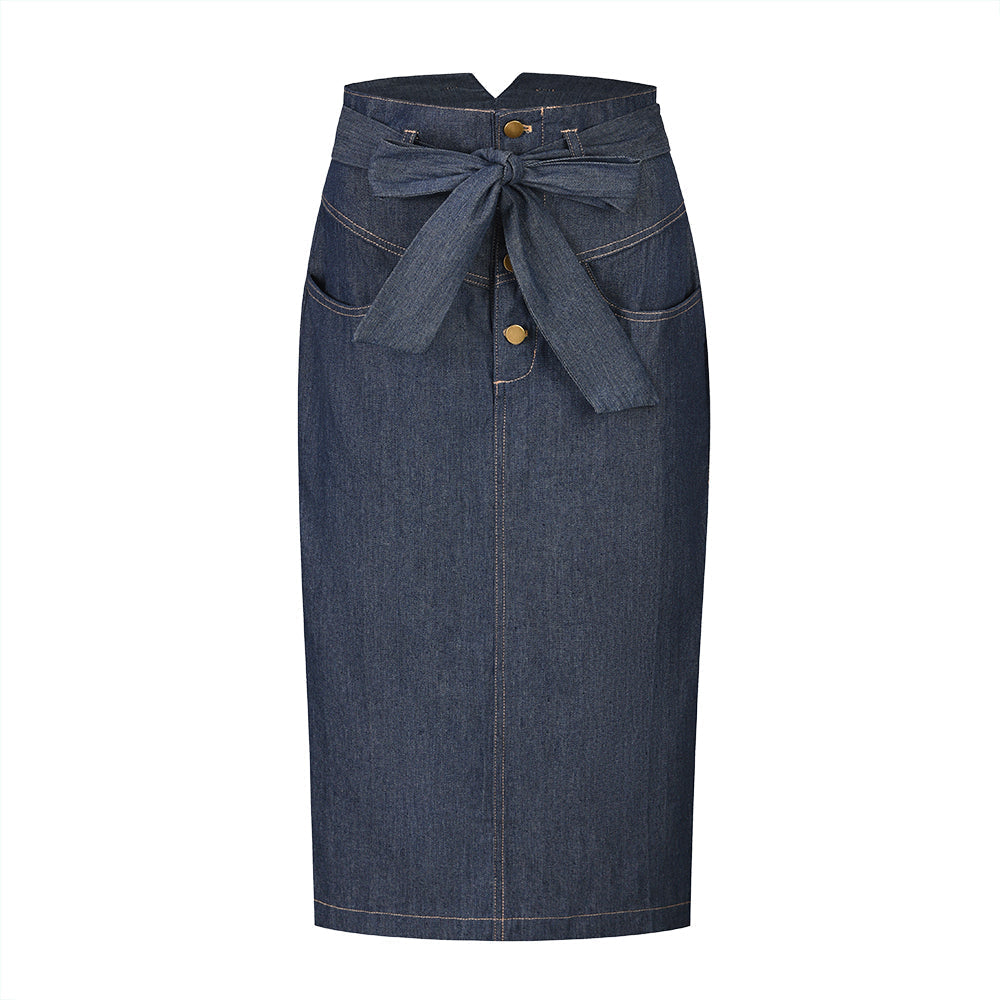 High Waist Tie A-Line Denim Midi Skirt