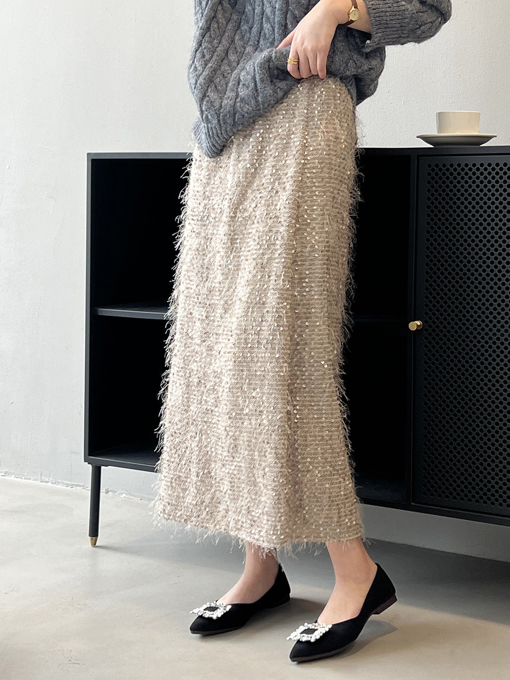 Elastic waist sequined knitted skirt