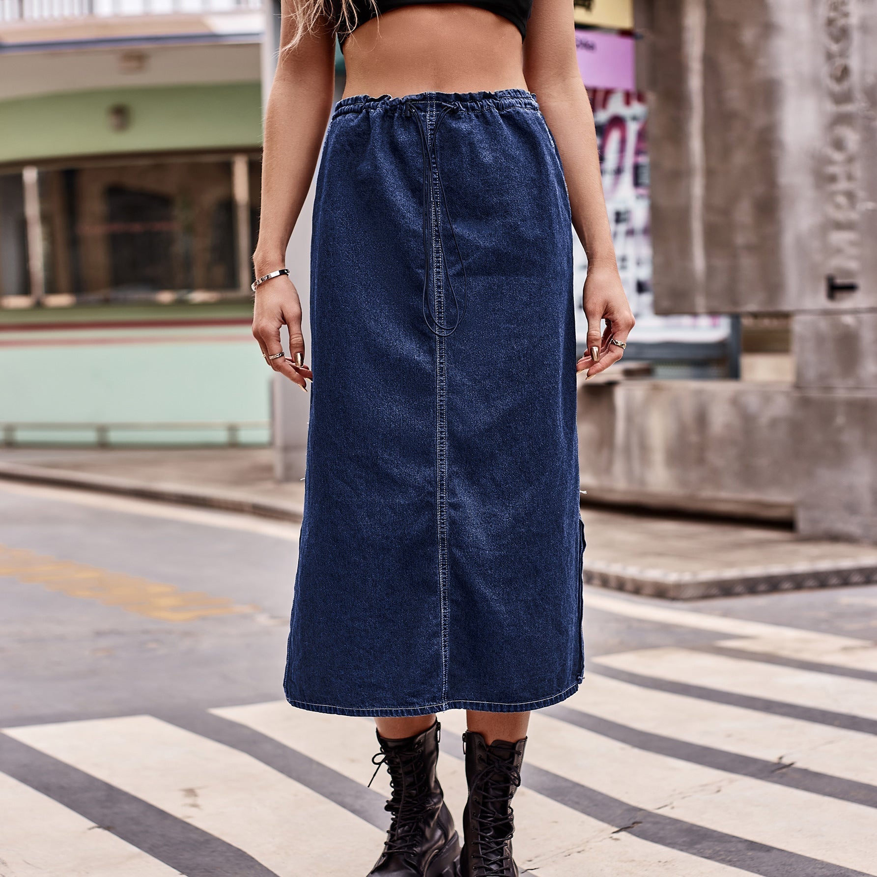 Get It Going Denim Blue Midi Skirt