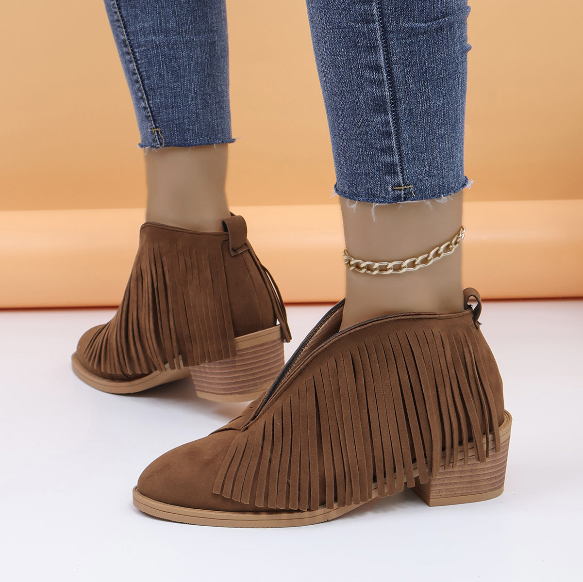 Fringed suede pointy toe retro leather boots