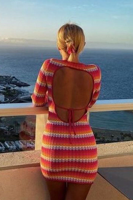 Backless Striped Knit Bodycon Dress