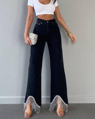 High-Waisted Straight Leg Tassel-Trimmed Hem Jeans