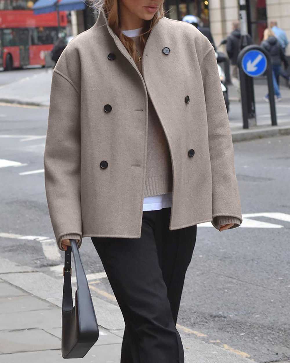 Brown V-neck Double-breasted Short Wool Coat