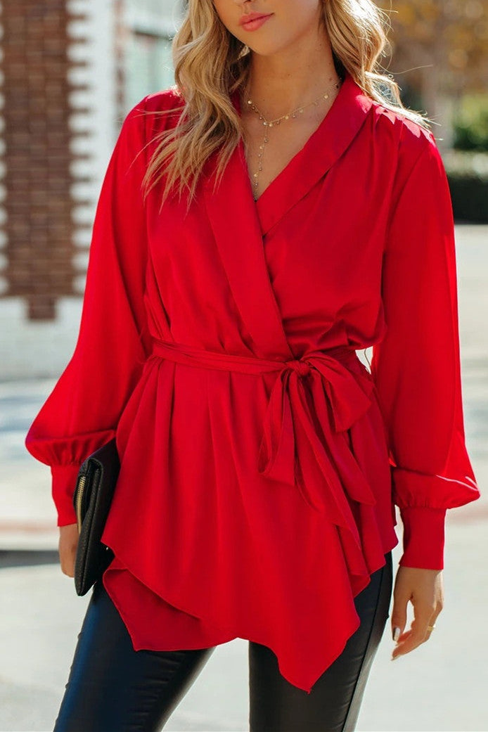V-neck Lantern Sleeves laced High waist Shirt