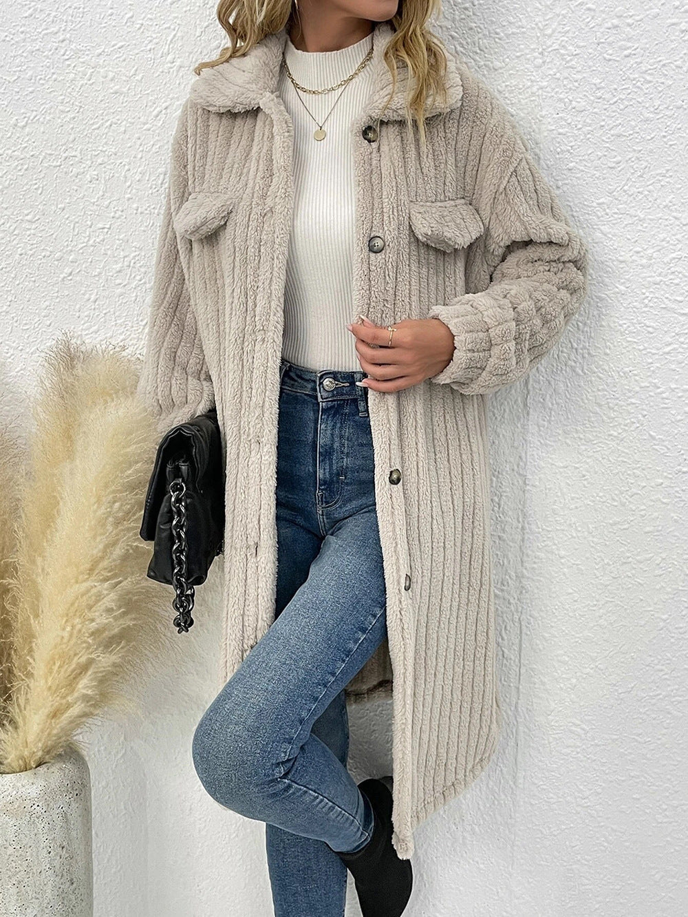 Plush lapel long sleeve long coat