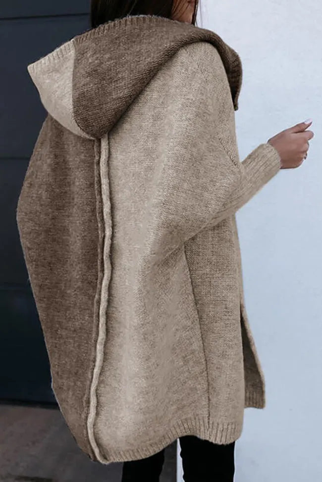 Brown Stitching Knit Hooded Cardigan Coat