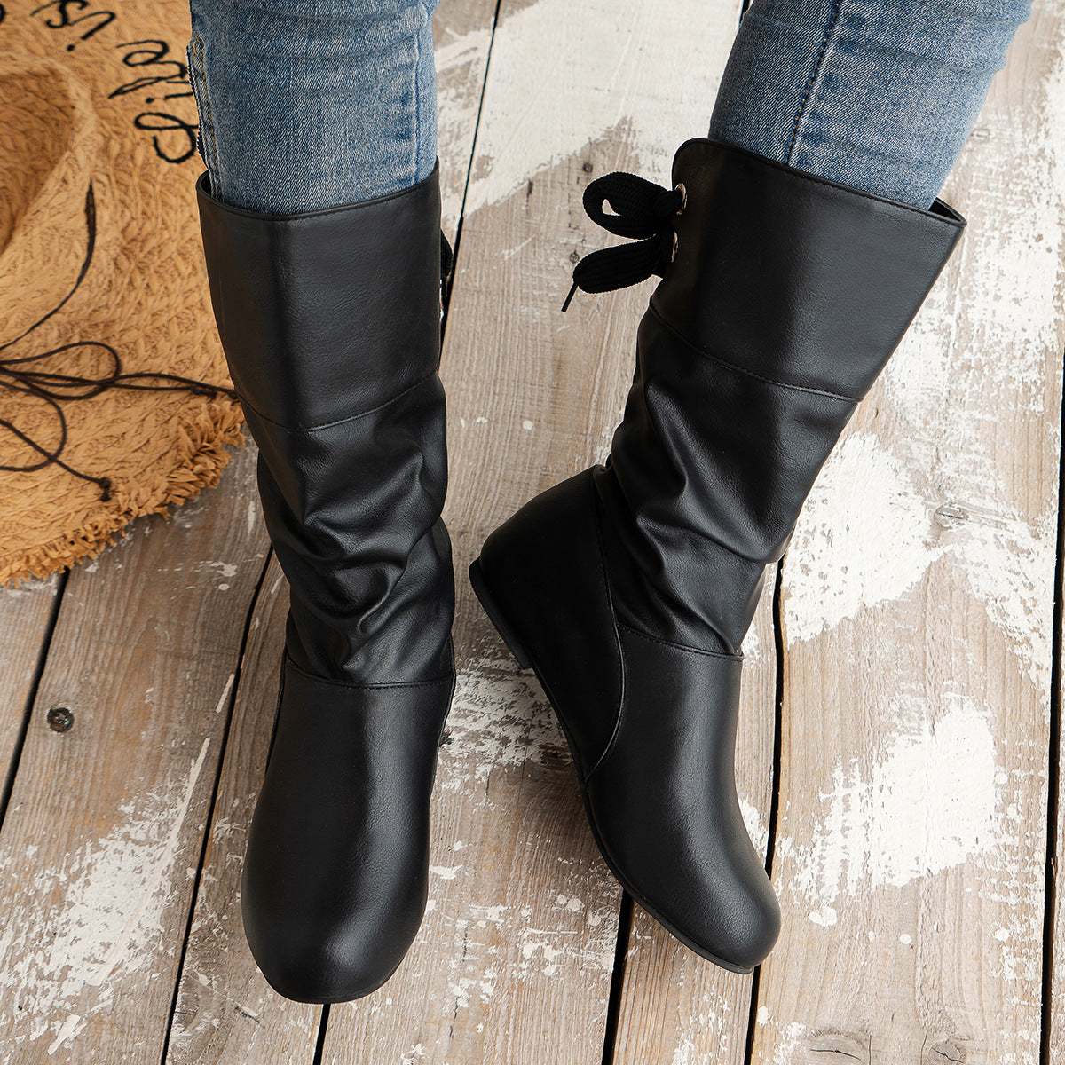 Round toe back bow mid-calf boots