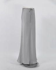 Gray High-Waisted Drawstring Belt Satin Skirt