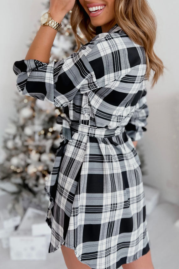 Chic lace-up Plaid Shirt Dress
