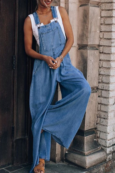 Sleeveless Denim Strappy Wide leg Pants