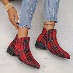 Plaid red and black color block round toe denim shoes