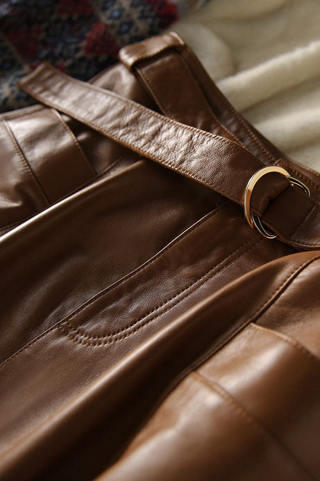 Vintage Brown High Waist A-Line Leather Skirt