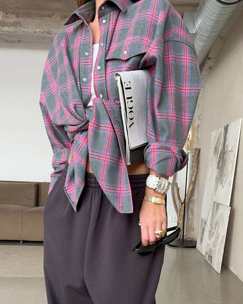 Notched Lapel Loose-Fit Plaid Long Sleeve Pocket Shirt