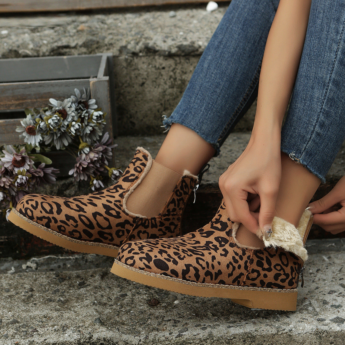 Slip On Leopard Plush Sole Ankle Booties