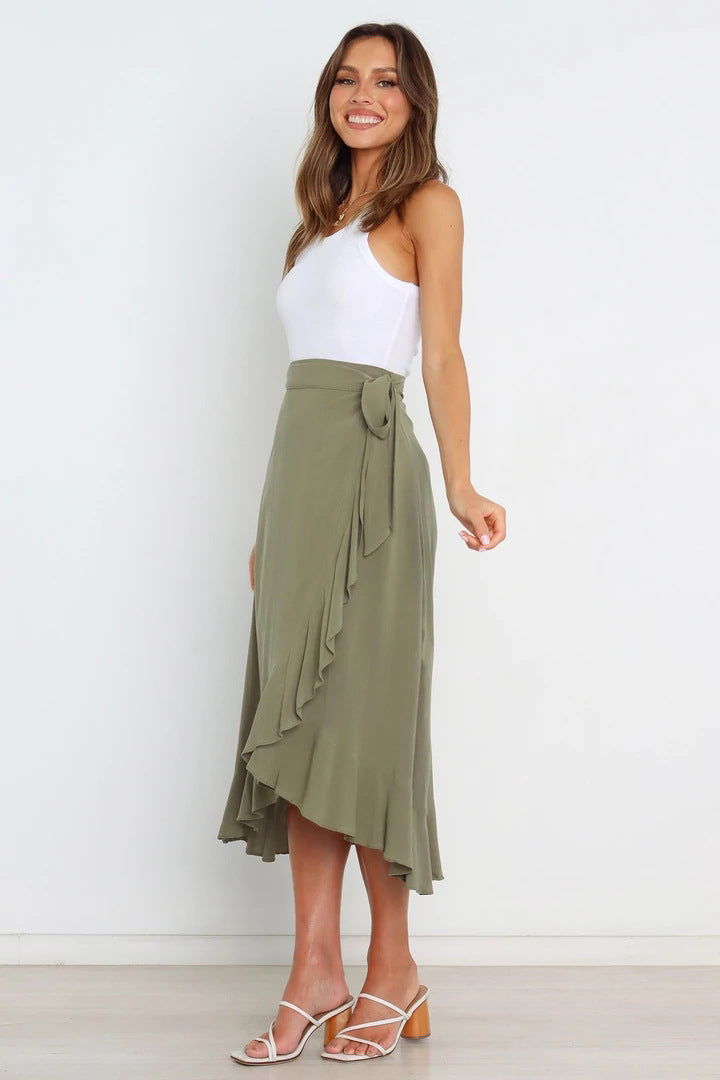 One Piece Tie Irregular Hip Pack Solid Color Skirt