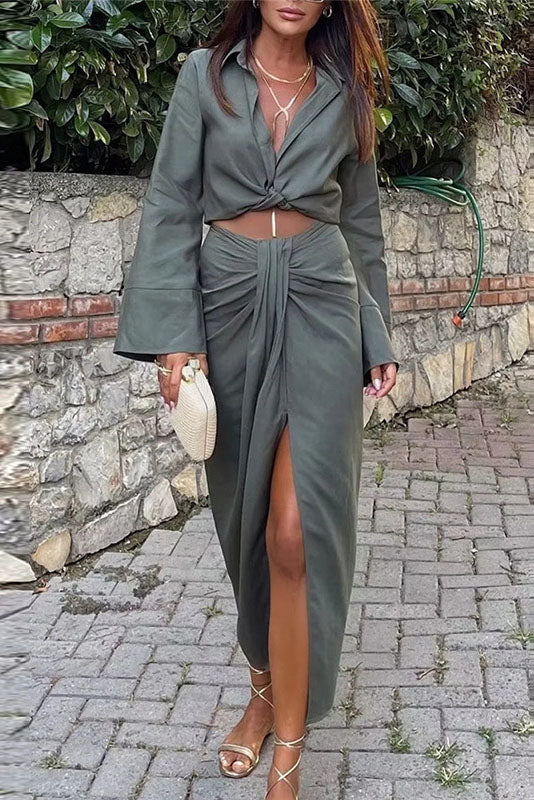 Long Sleeve Bow Shirt & Side Split Pleated Skirt Suits