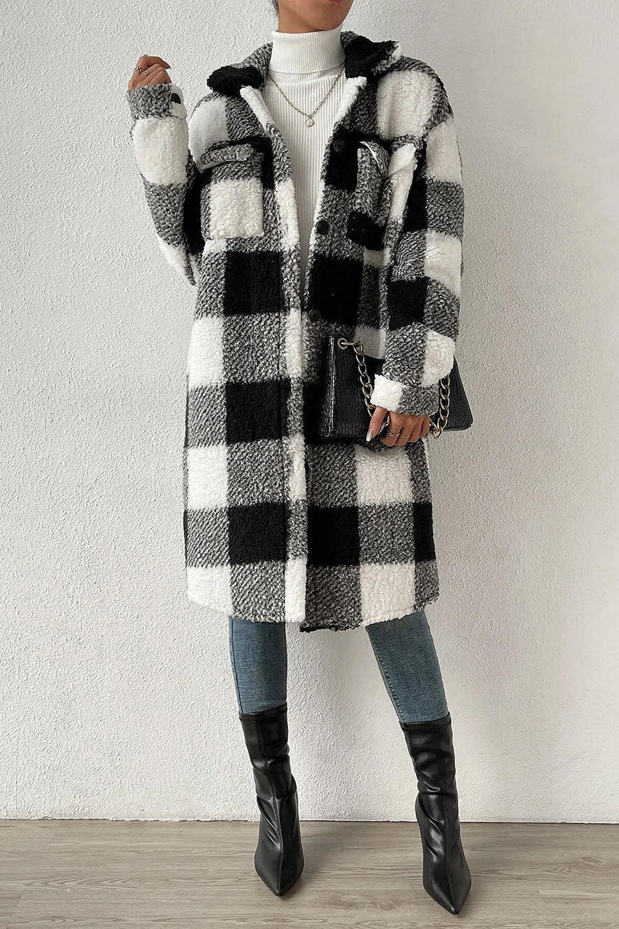 Button Front Long Sleeve Plaid Pattern Teddy Coat