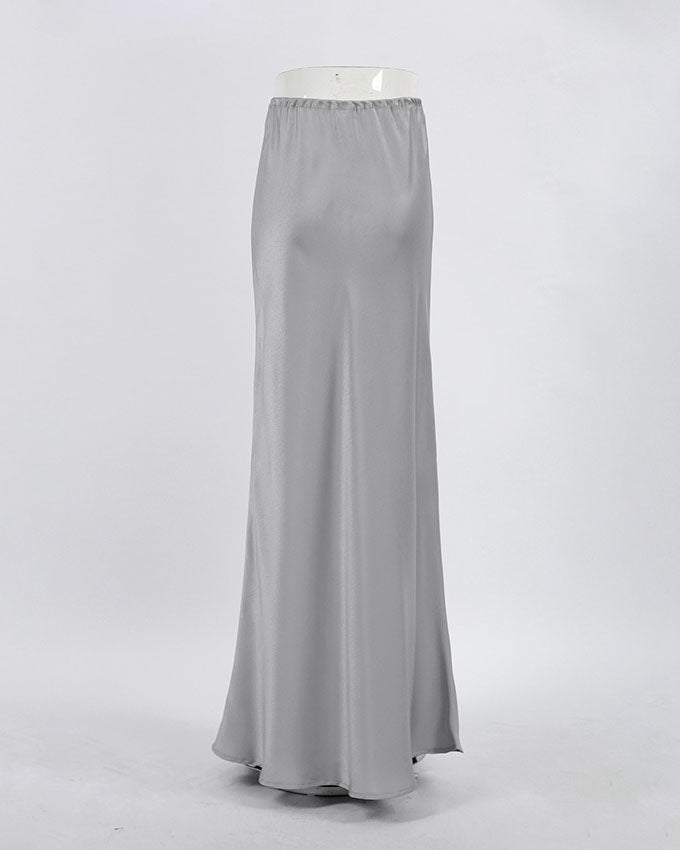 Gray High-Waisted Drawstring Belt Satin Skirt