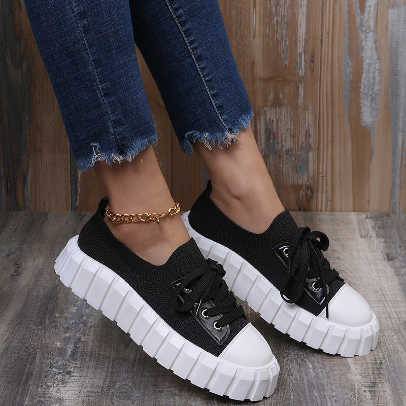 Colorblock Platform Fly knit Lace-up Sneakers