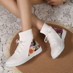 High-top round toe lace-up elastic sock boots