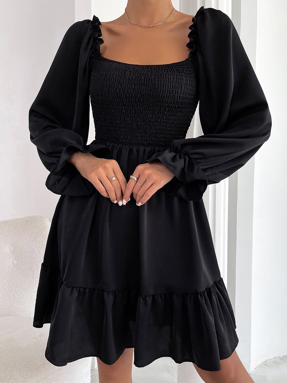 Elegant Square neck High waist Ruffle Dres