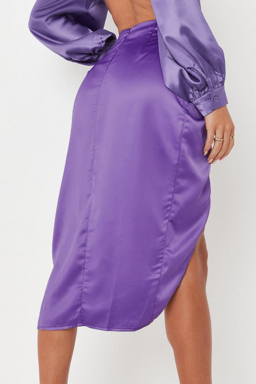 High Waist Irregular Solid Satin Slit Skirt