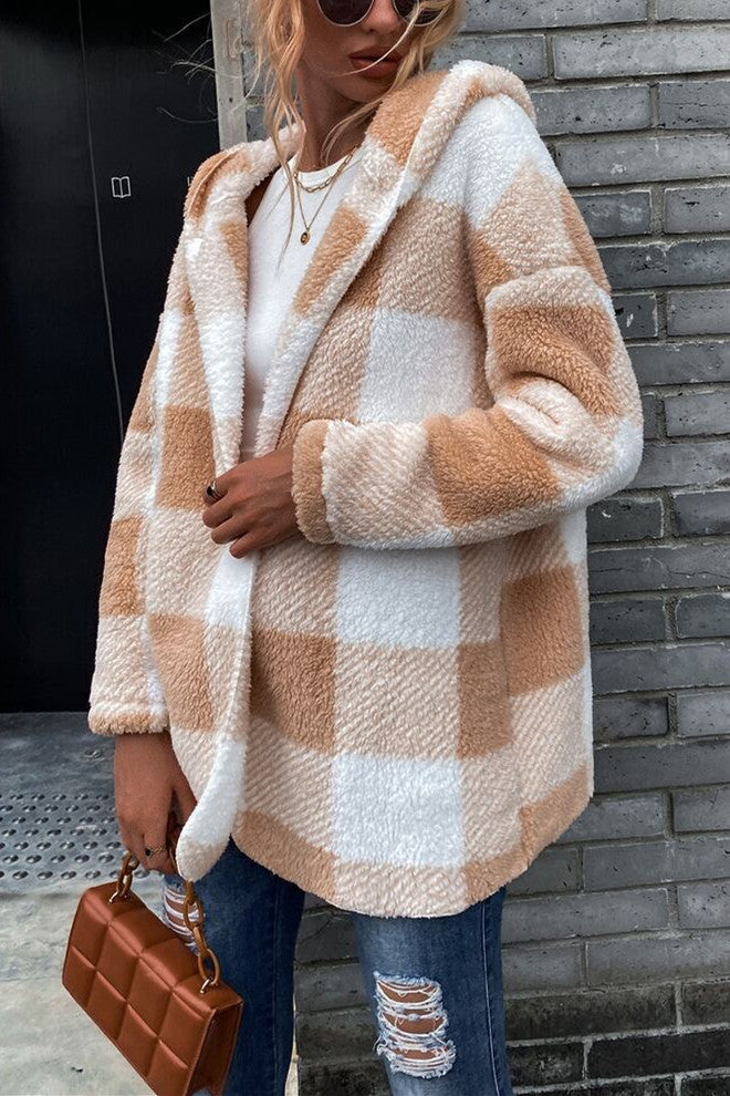 Double-sided Lamb Loose Hooded Plaid Cardigan Jacket