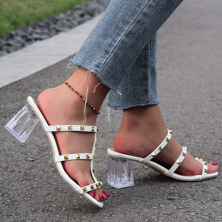 Crystal mid-heel studded slide sandals