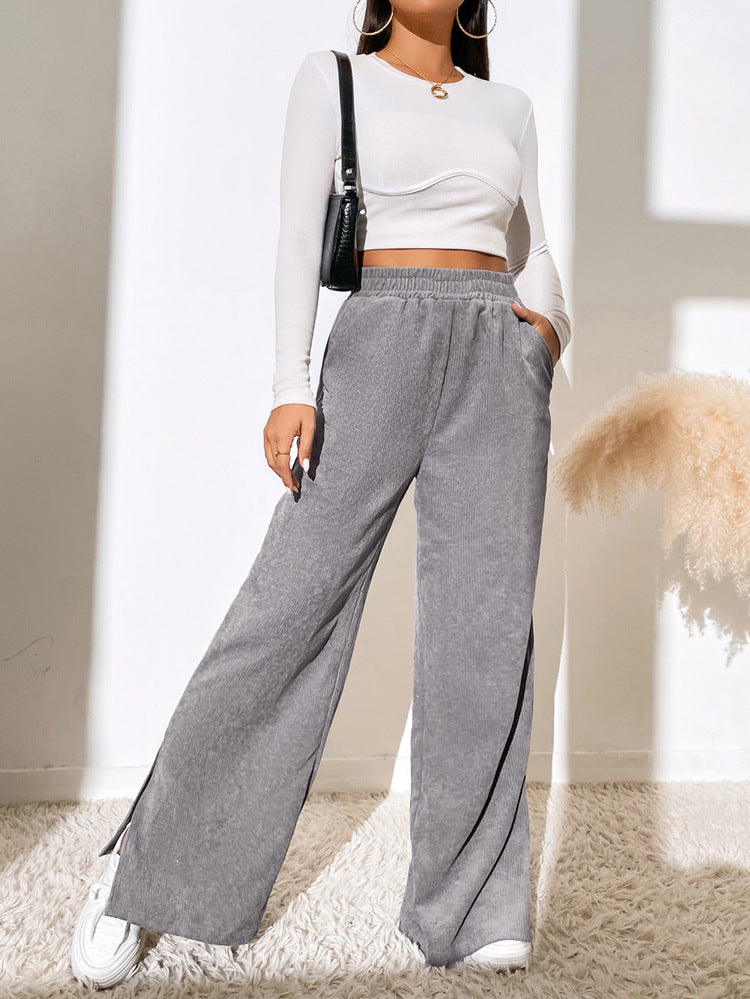 High waist corduroy slit hem trousers