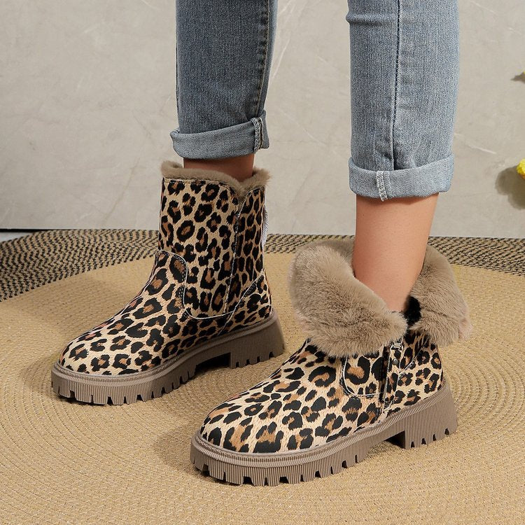 Leopard velvet mid-calf cotton shoes