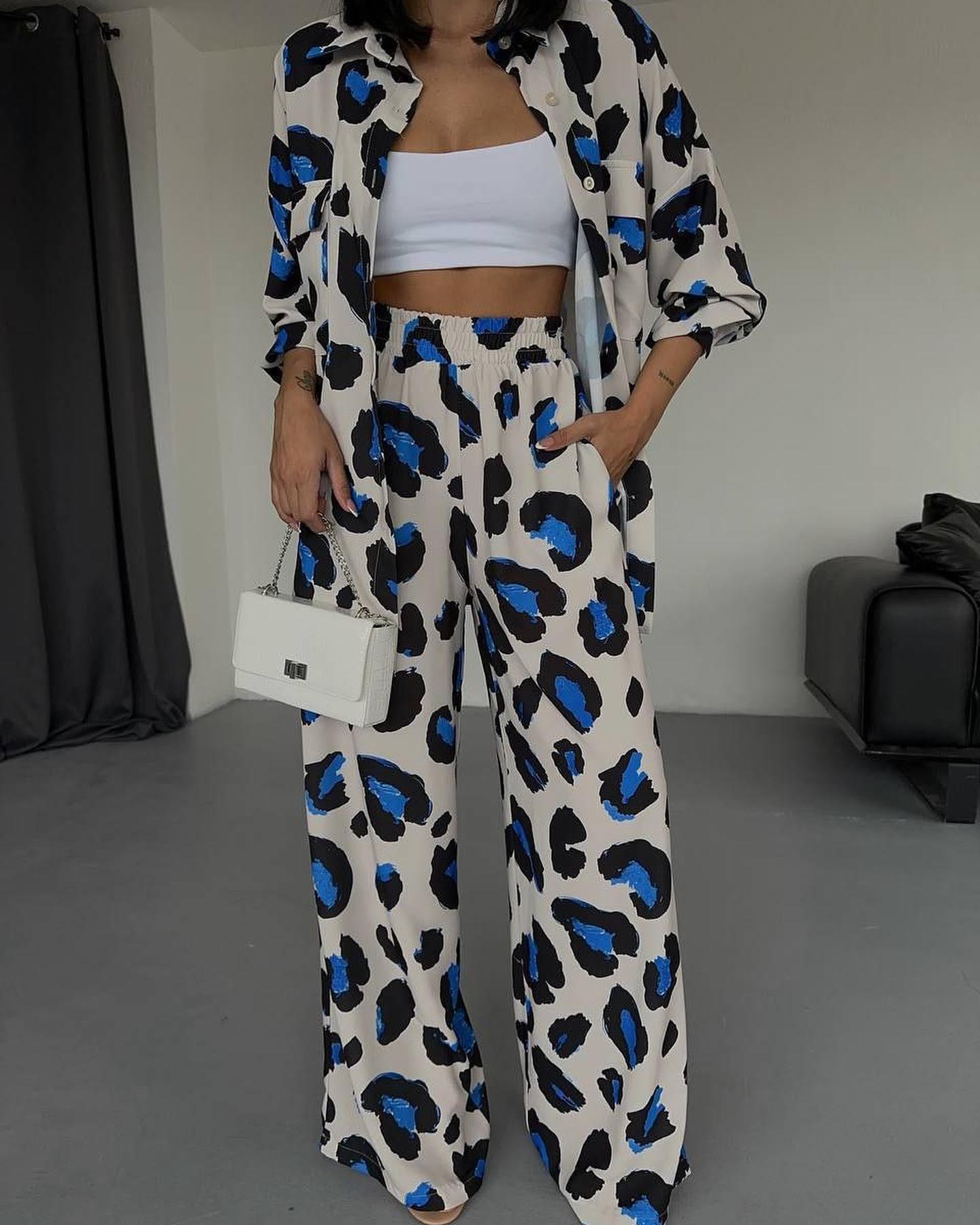 Leopard Print Long Sleeve Shirt Wide Leg Pants Two-Piece Set