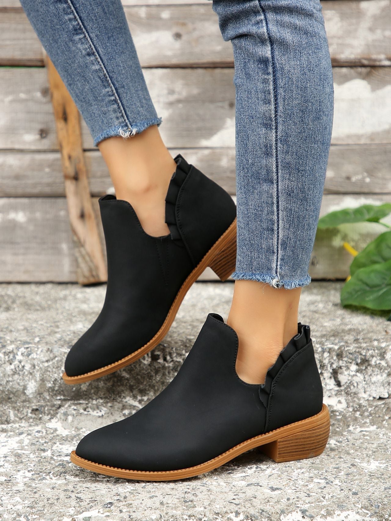 Ruffled Detail V-cut Chunky Low Heeled Slip On Ankle Botties