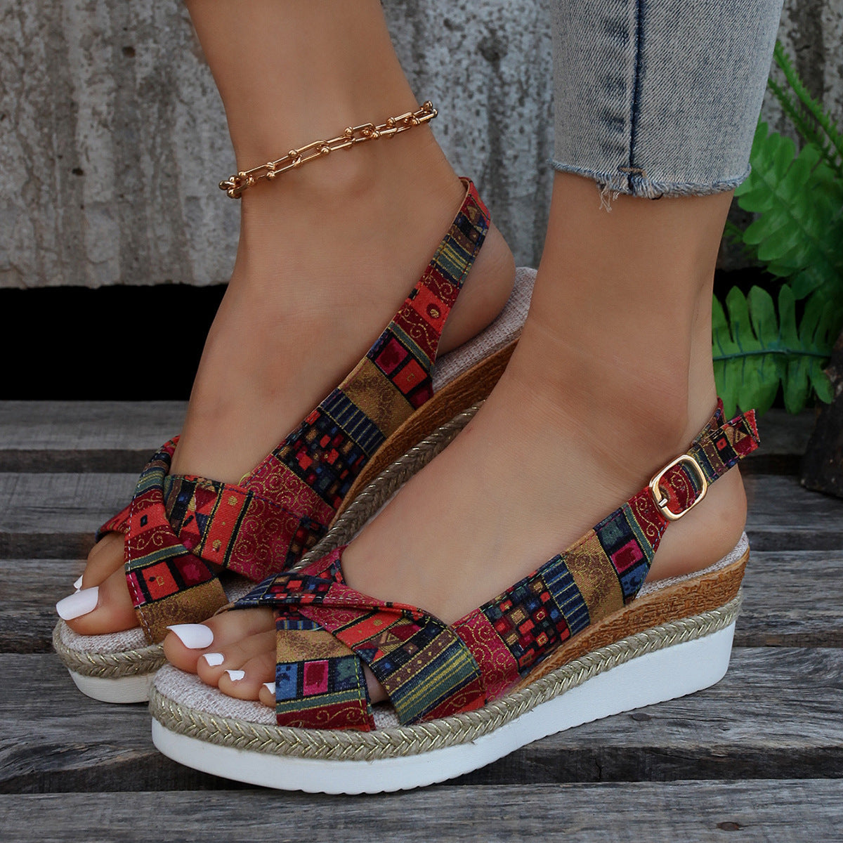 Printed Open Toe Slingback Wedge espadrilles Sandals