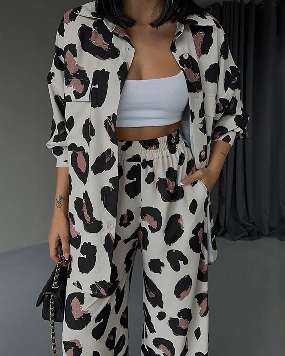 Leopard Print Long Sleeve Shirt Wide Leg Pants Two-Piece Set