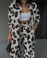 Leopard Print Long Sleeve Shirt Wide Leg Pants Two-Piece Set