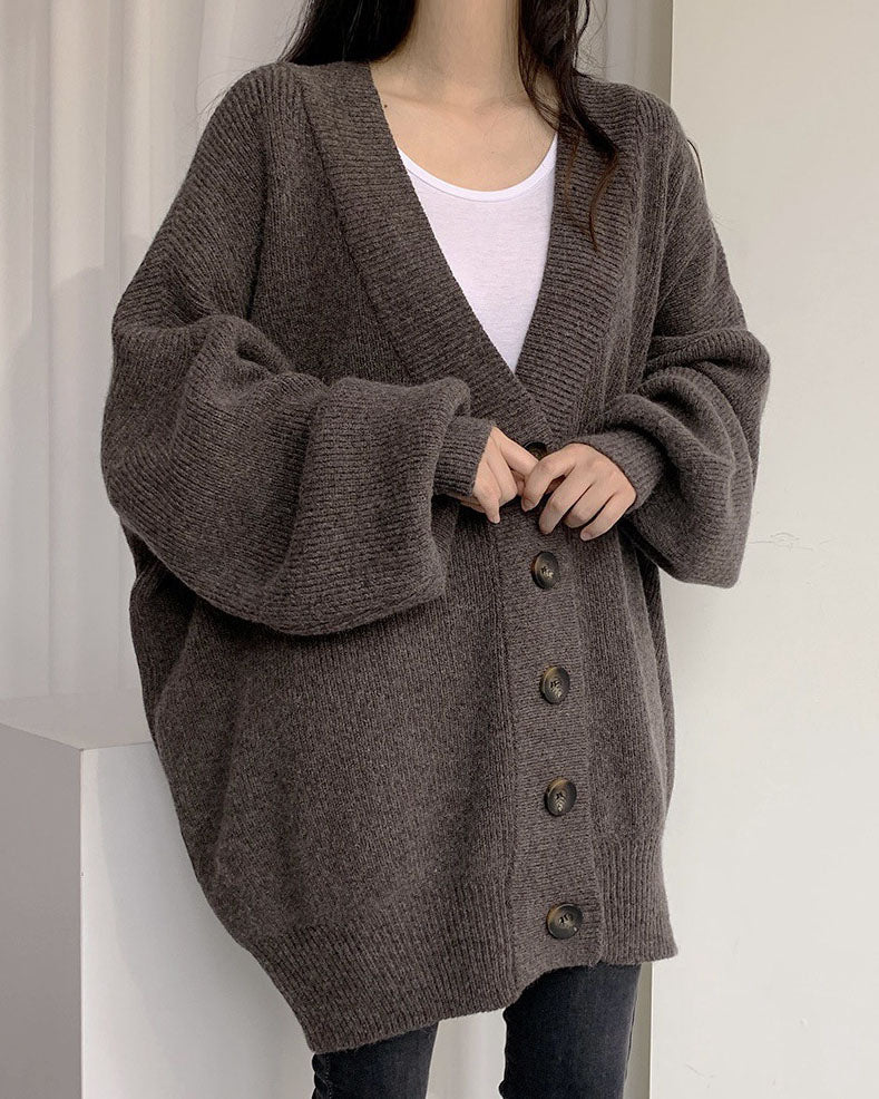 V-neck single-breasted loose lantern sleeve knitted cardigan