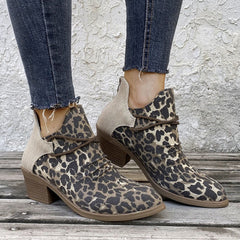 Rough canvas pointed toe leopard boots