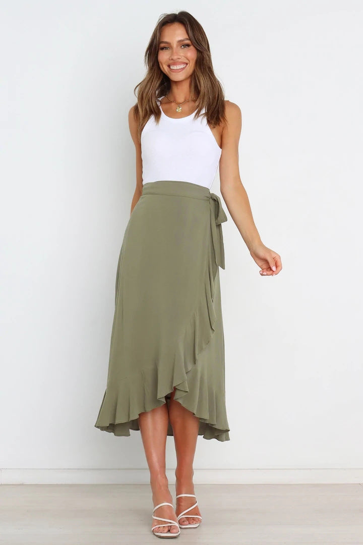 One Piece Tie Irregular Hip Pack Solid Color Skirt