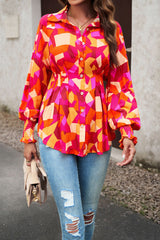 Belted Printed Lantern Sleeve Shirt