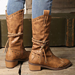 Rivet belt buckle tassel mid-calf Martin boots