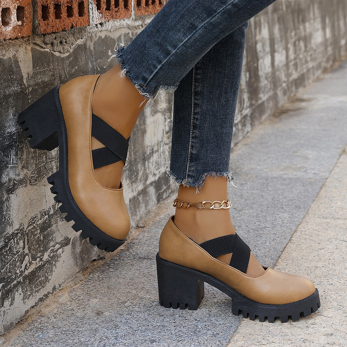 Cross Elastic Strap Square-toe Chunky Heel Mary Jane Sandals