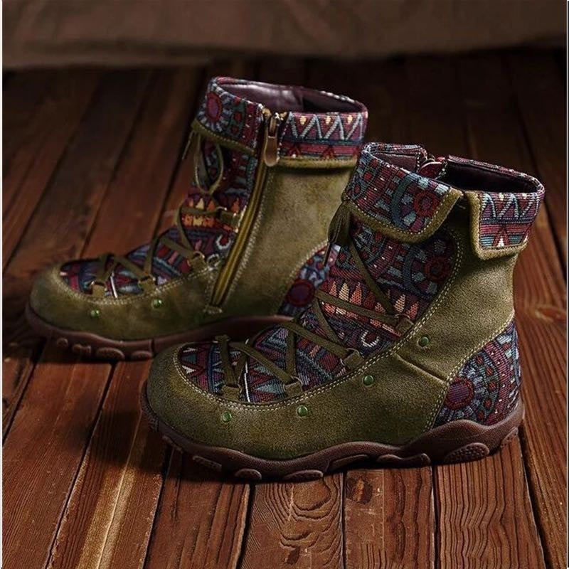 Ethnic patchwork retro side zip booties