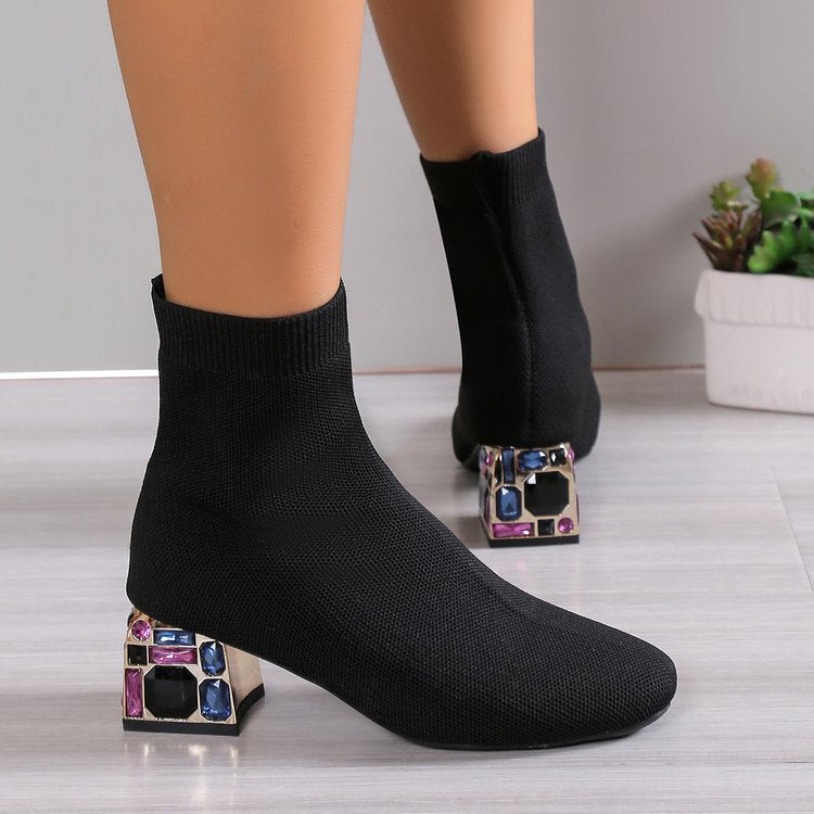 Rhinestone embellished heel fly knit boots