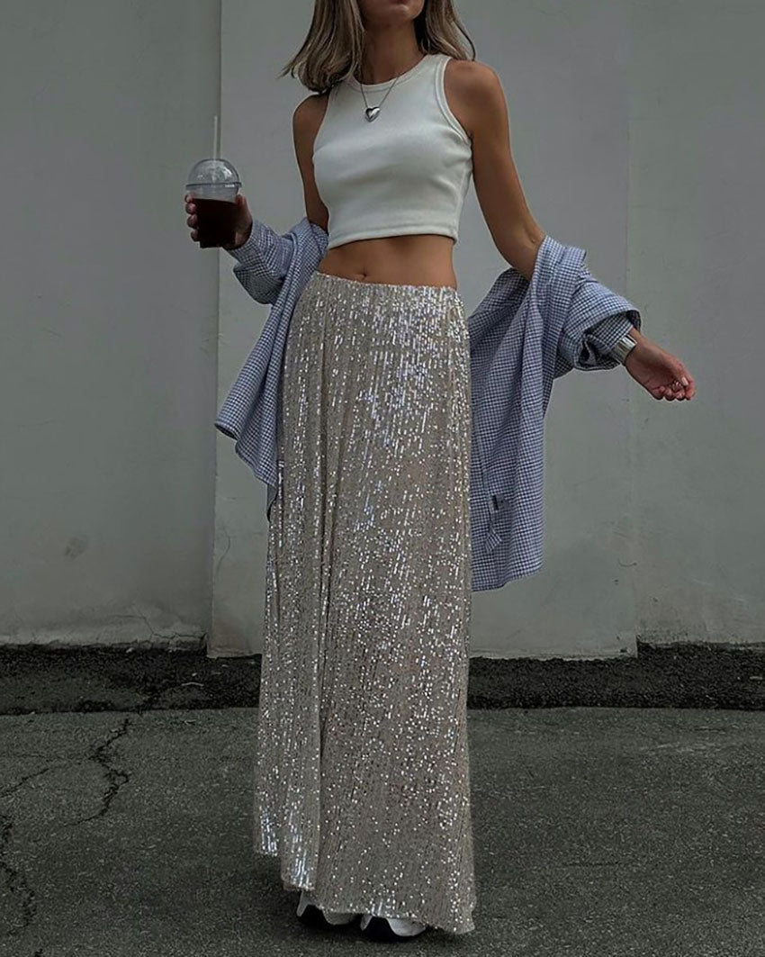 Mesh lined draped sequin skirt