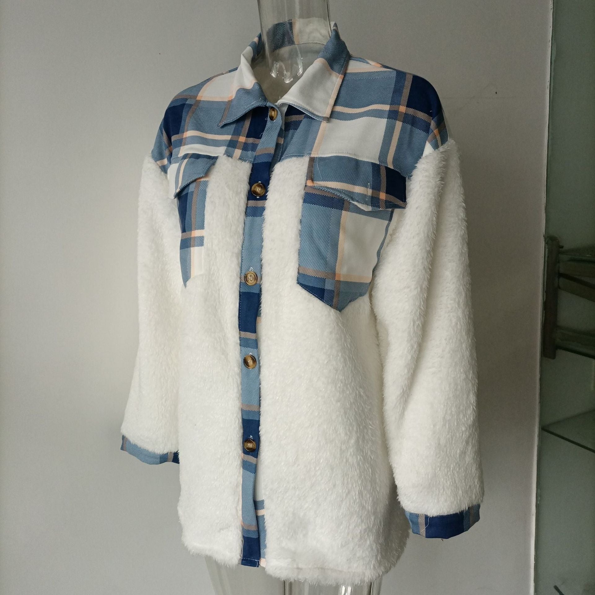 Plaid Print Plush Patchwork Contrast Jacket